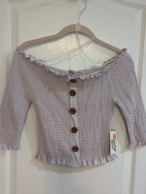 NWT Smocked Off-Shoulder Button-Front Top in Light Lavender Size L